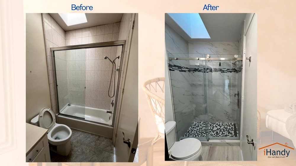 Bathroom before and after: tub converted to a walk-in tile shower